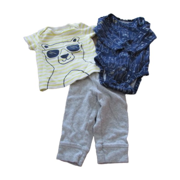 Carters 3 Pc Bear Shirt Bodysuit Pants Outfit Boys Size‎ 6M Blue Yellow Striped - Picture 1 of 9